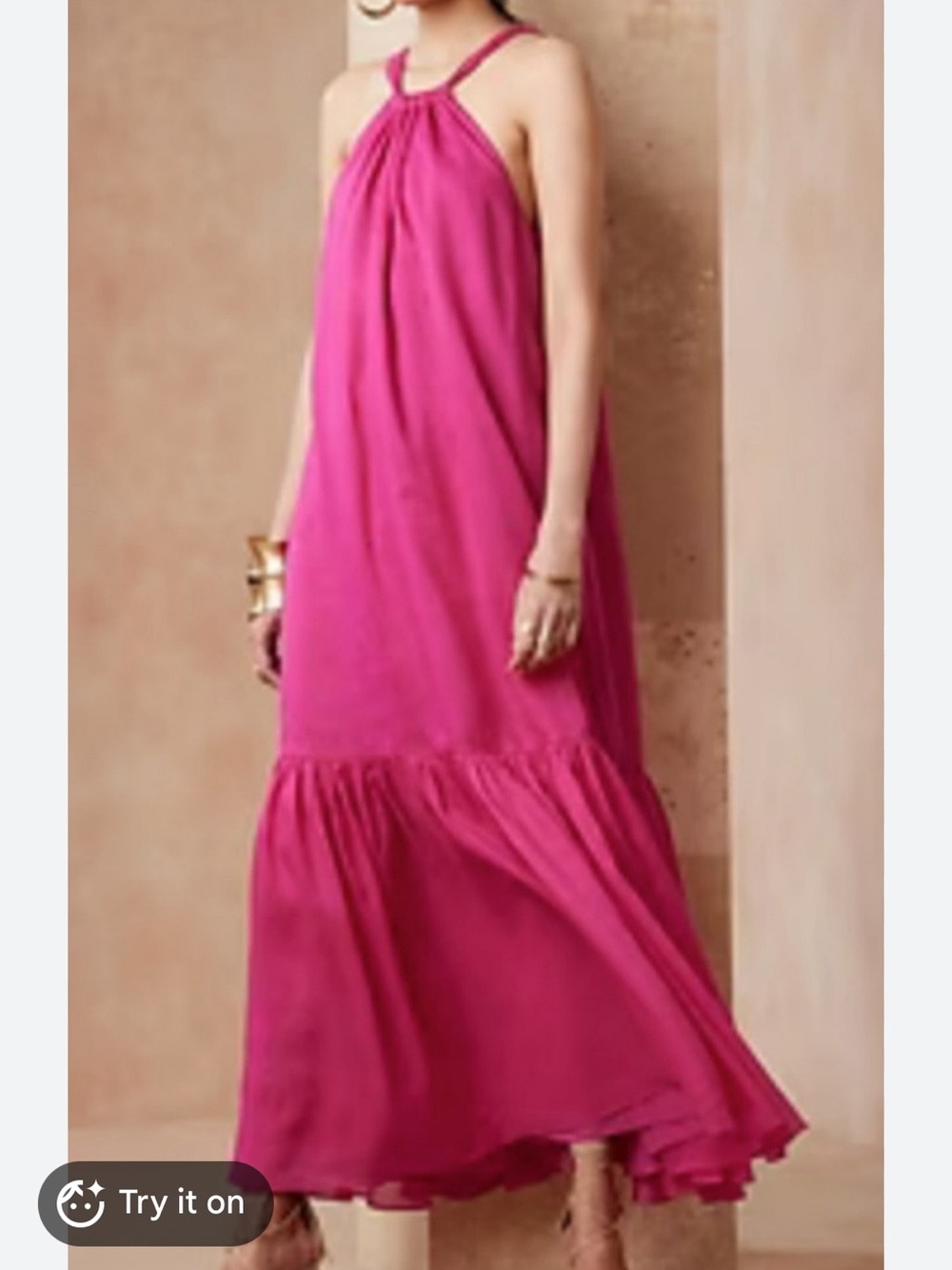 Banana Republic Fino Ramie Tiered Maxi Dress in bright fuchsia pink color